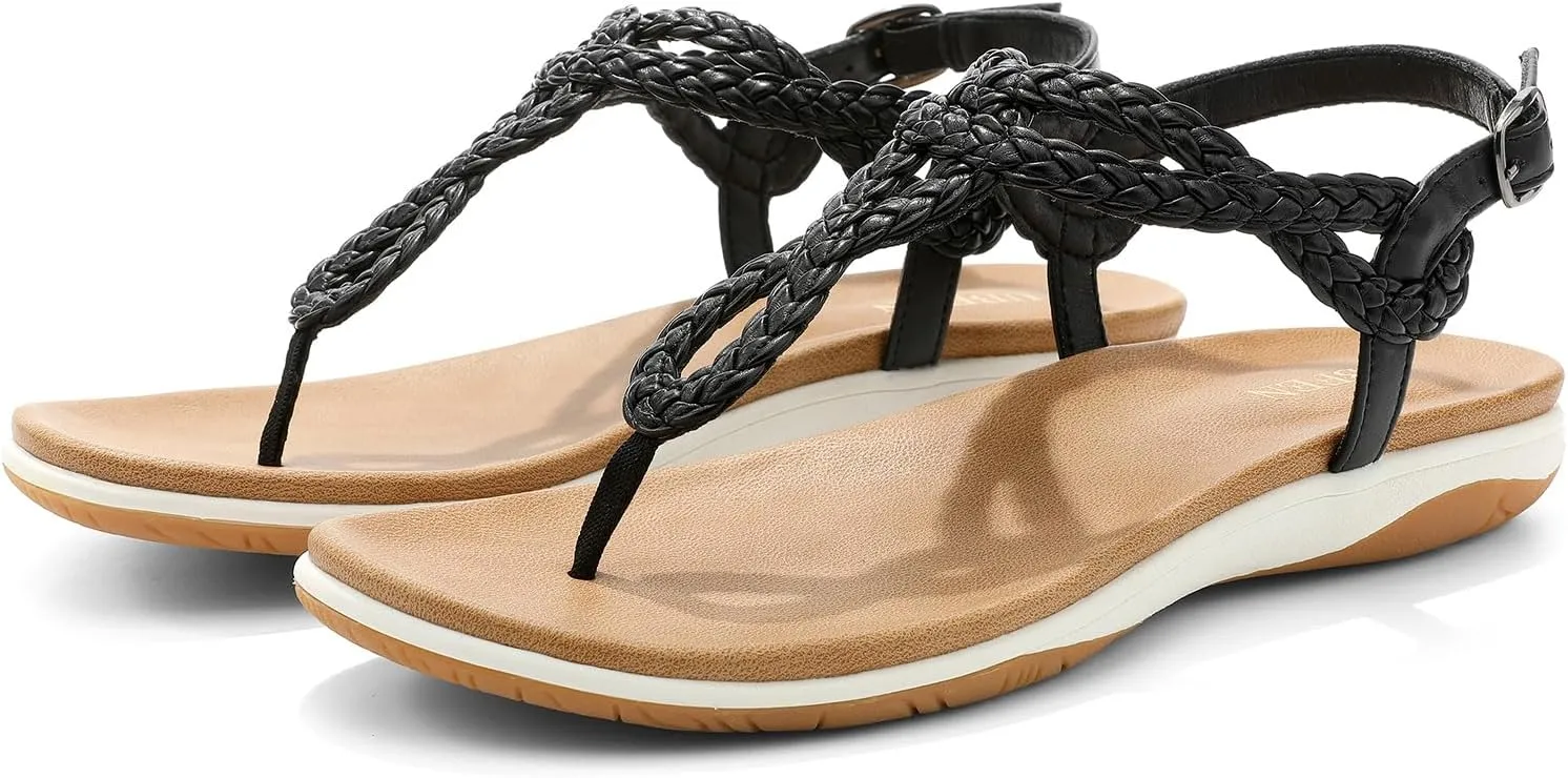 UBFEN Womens Flat Sandals Dress Braided T-Strap Thong Sandals with Arch Support Comfortable for Walking