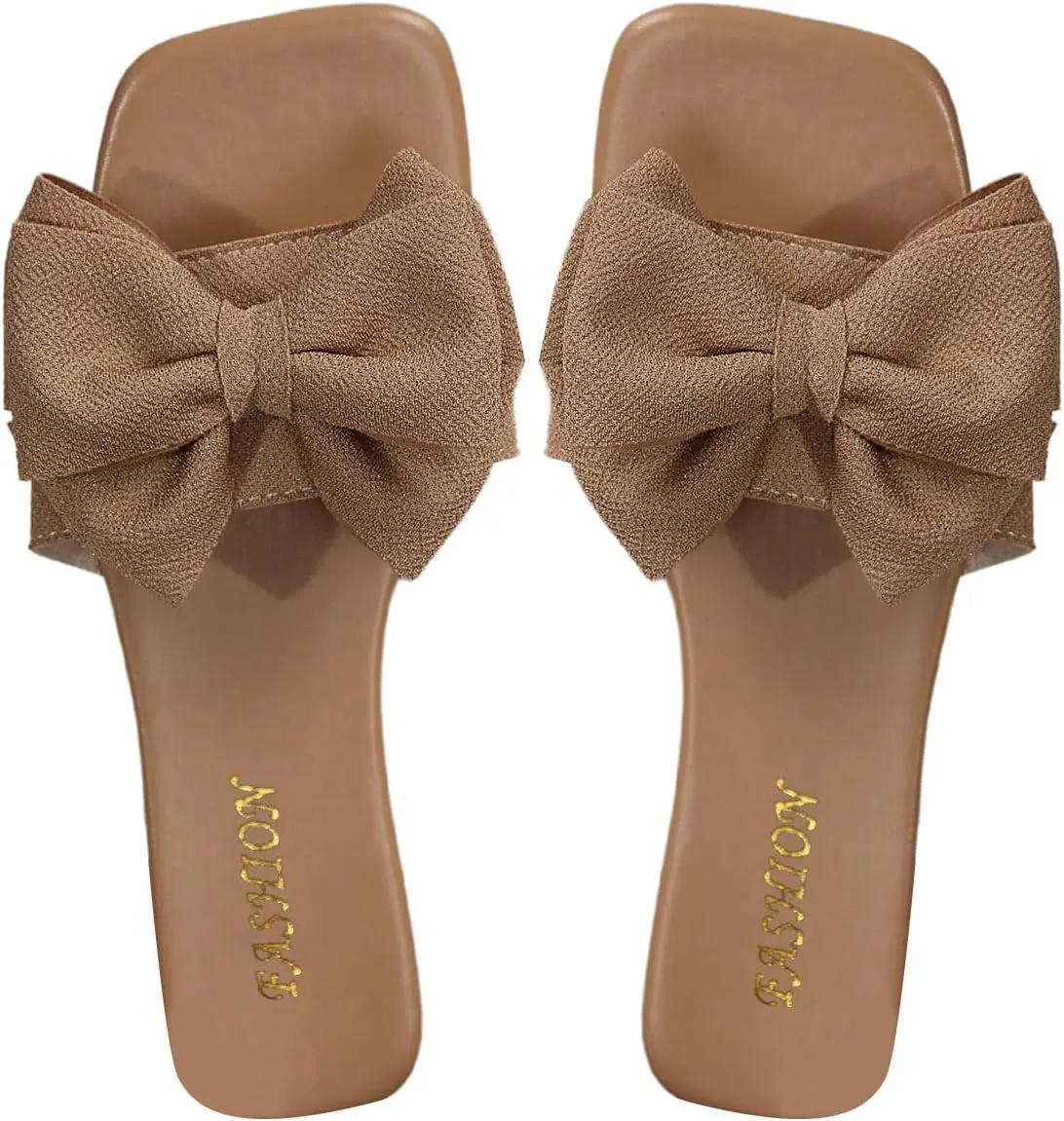 Verdusa Women's Bow Square Toe Flat Sandals Summer Slides Slip On Sandals
