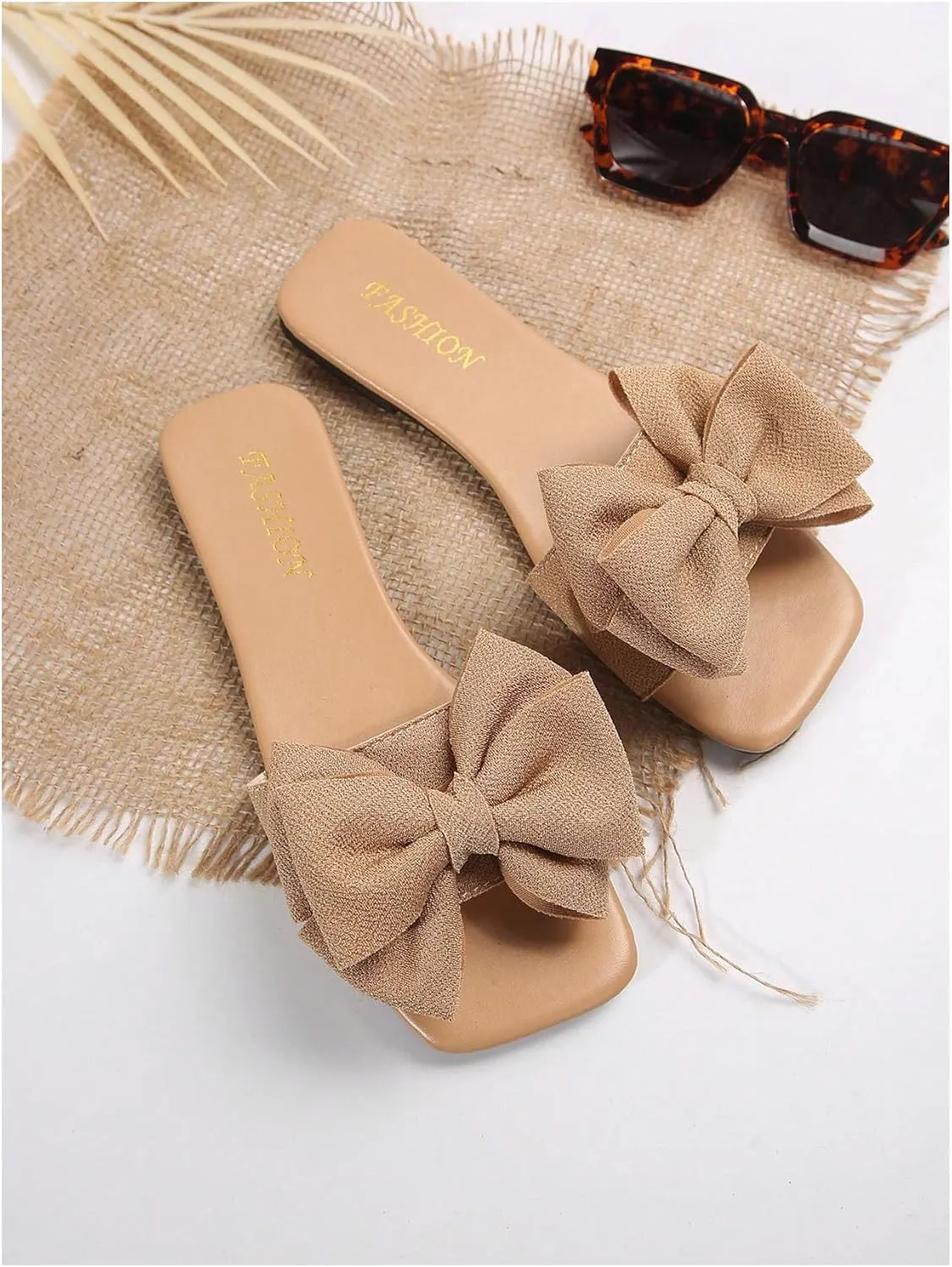 Verdusa Women's Bow Square Toe Flat Sandals Summer Slides Slip On Sandals