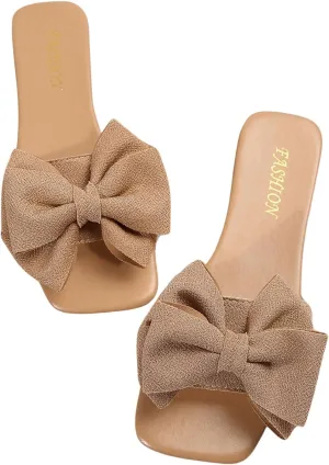 Verdusa Women's Bow Square Toe Flat Sandals Summer Slides Slip On Sandals