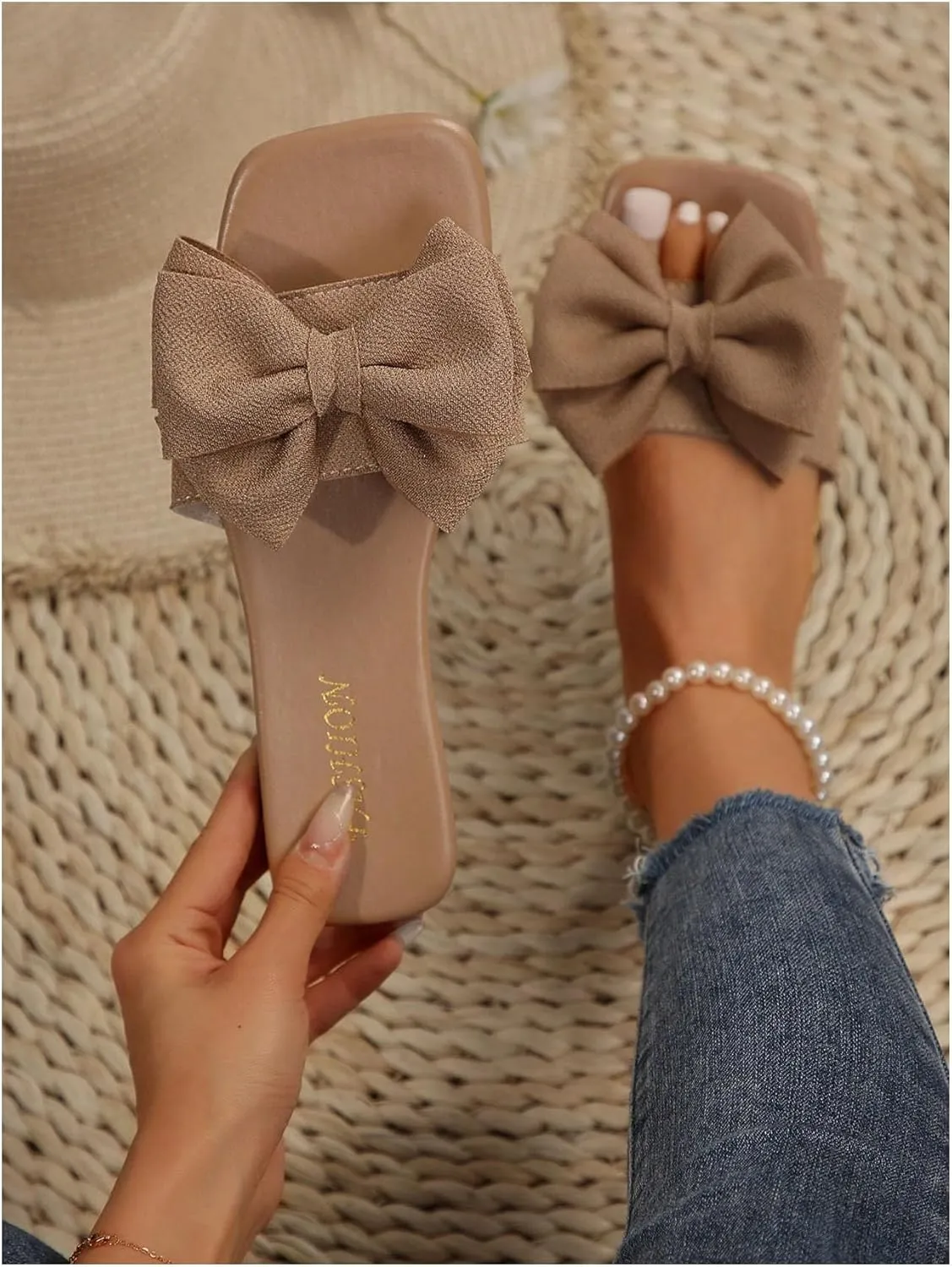 Verdusa Women's Bow Square Toe Flat Sandals Summer Slides Slip On Sandals