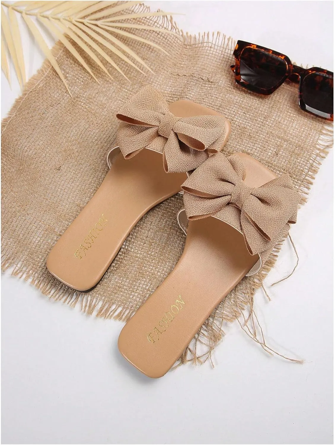 Verdusa Women's Bow Square Toe Flat Sandals Summer Slides Slip On Sandals