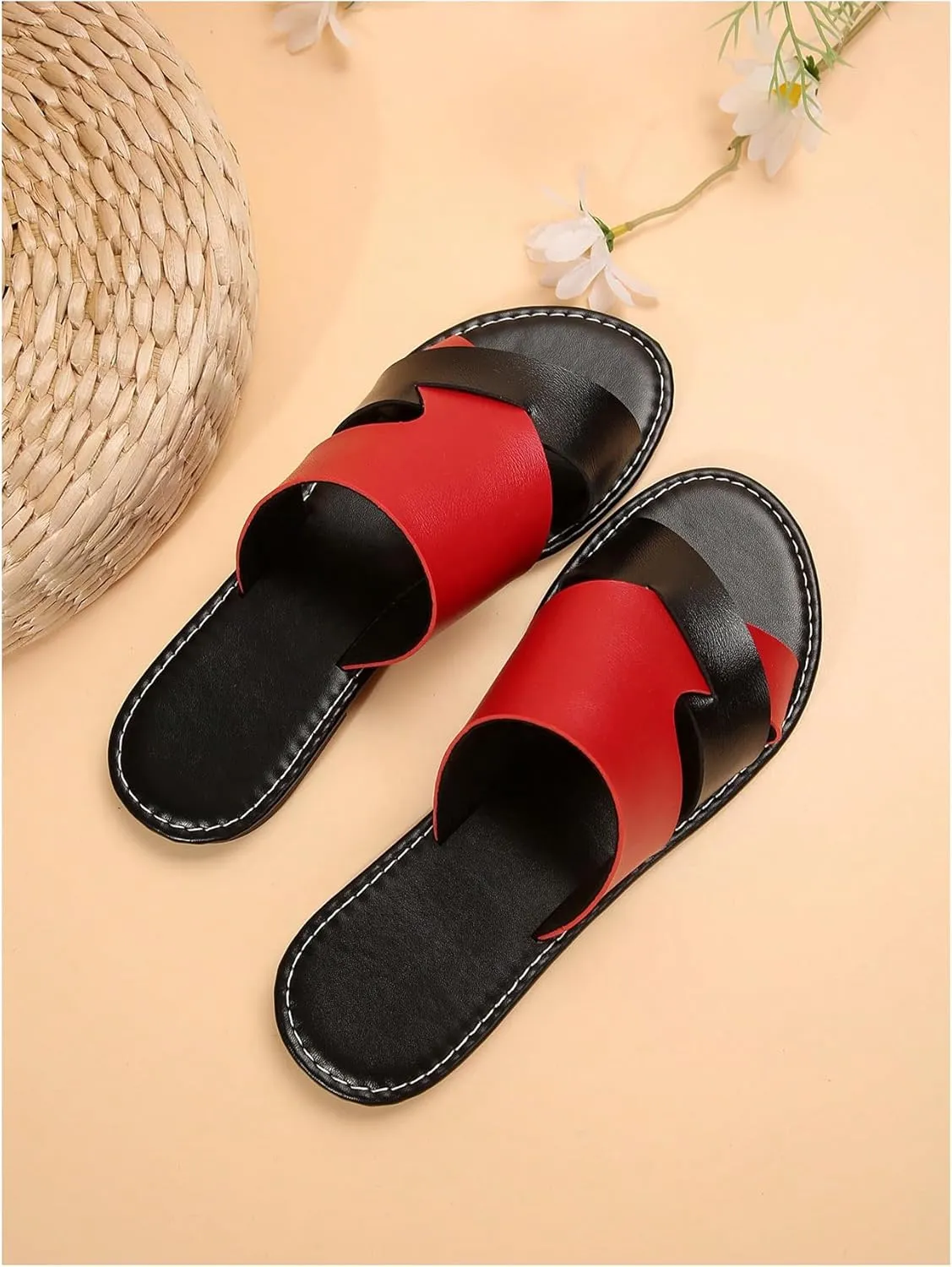 Verdusa Women's Color Block Flat Leather Sandals Open Toe Vacation Slip on Slides