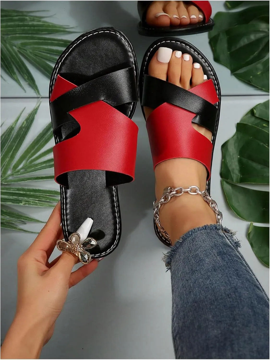 Verdusa Women's Color Block Flat Leather Sandals Open Toe Vacation Slip on Slides