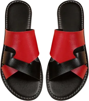 Verdusa Women's Color Block Flat Leather Sandals Open Toe Vacation Slip on Slides