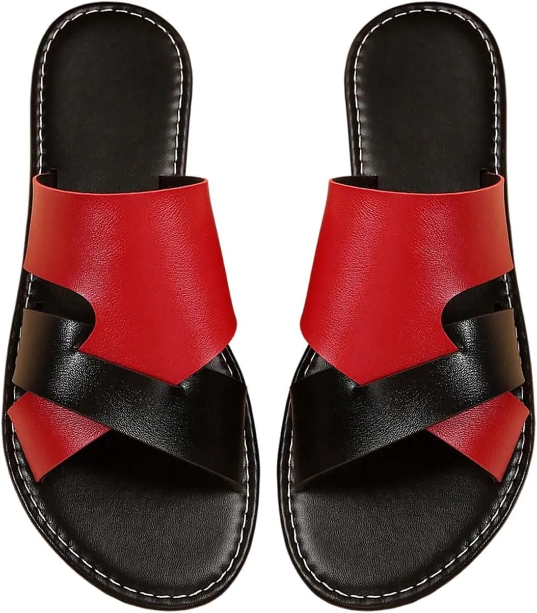 Verdusa Women's Color Block Flat Leather Sandals Open Toe Vacation Slip on Slides