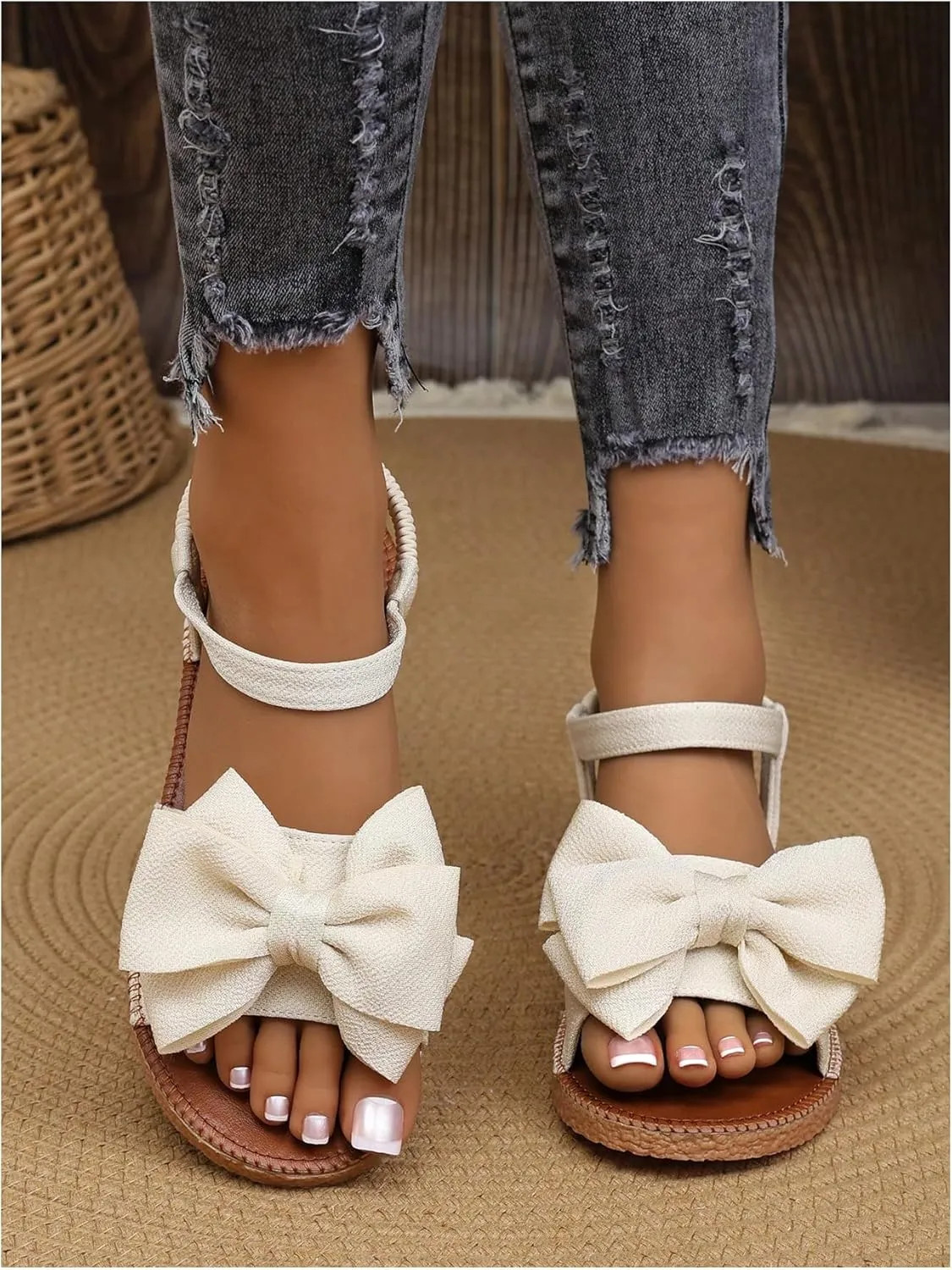 Verdusa Women's Coquette Bowknot Ankle Strap Leather Sandals Holiday Beach Flat Sandals