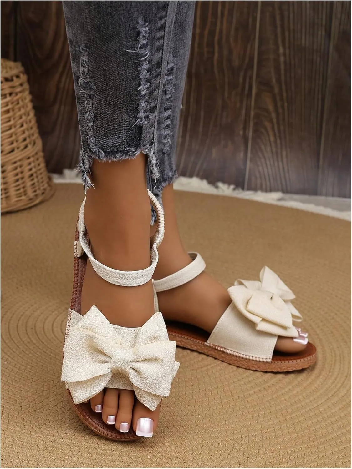 Verdusa Women's Coquette Bowknot Ankle Strap Leather Sandals Holiday Beach Flat Sandals
