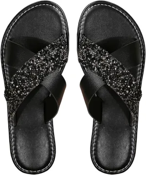 Verdusa Women's Criss Cross Rhinestone Sandals Open Toe PU Leather Slides Slippers