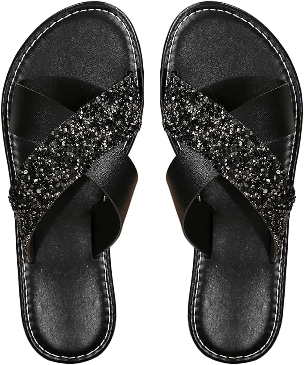 Verdusa Women's Criss Cross Rhinestone Sandals Open Toe PU Leather Slides Slippers