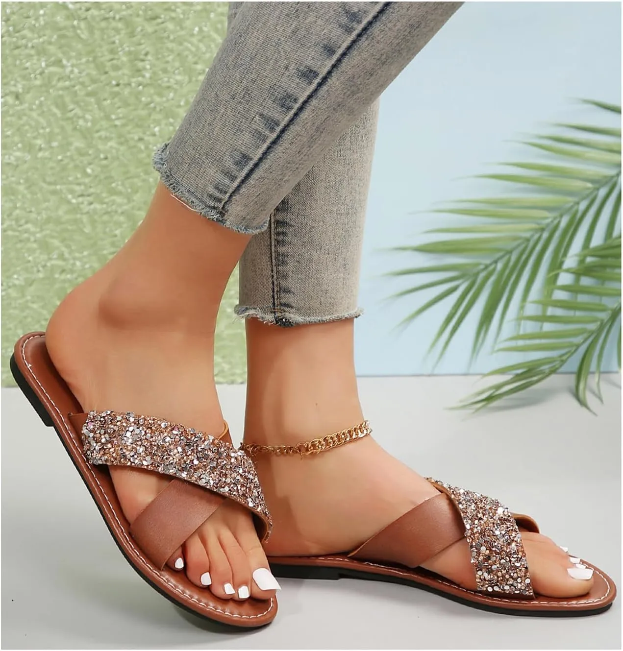 Verdusa Women's Criss Cross Rhinestone Sandals Open Toe PU Leather Slides Slippers