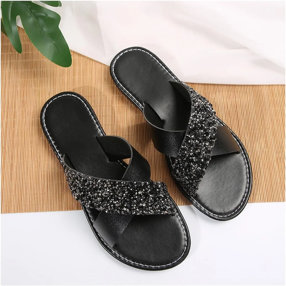 Verdusa Women's Criss Cross Rhinestone Sandals Open Toe PU Leather Slides Slippers