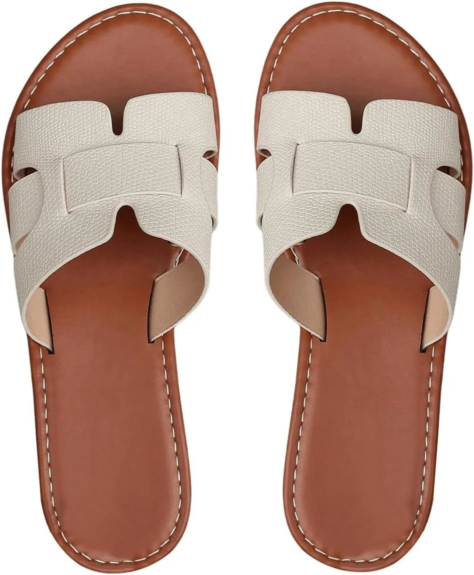 Verdusa Women's Cut Out PU Leather Flat Sandals Open Toe Slip on Slides Summer Slippers