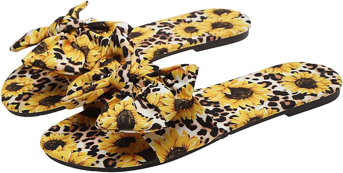 Verdusa Women's Leopard Print Sandals Bow Front Open Toe Slip on Flat Sandals