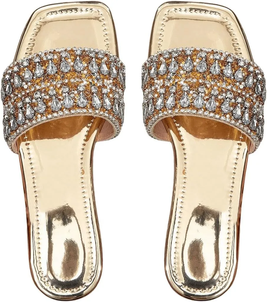 Verdusa Women's Metallic Rhinestone Sandals Square Toe Slip on Leather Slippers