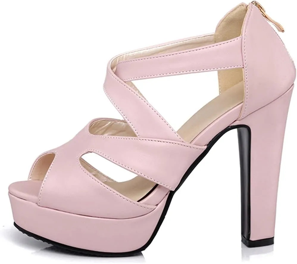 VOKLIN MISTU Women's Peep Toe Platform Block High Heel Sandals Cross Strappy Back Zipper Pump Dressy Heeled Sandal
