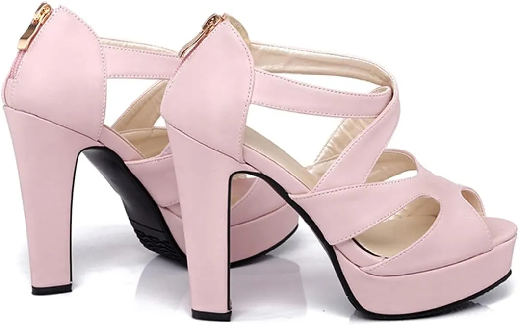 VOKLIN MISTU Women's Peep Toe Platform Block High Heel Sandals Cross Strappy Back Zipper Pump Dressy Heeled Sandal