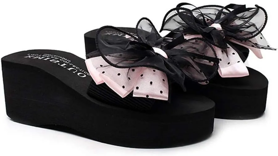 VOKLIN Women's Bohemian Bowknot Wedge High Heel Slide Sandals Summer Comfort Nonslip Platform Beach Sandal