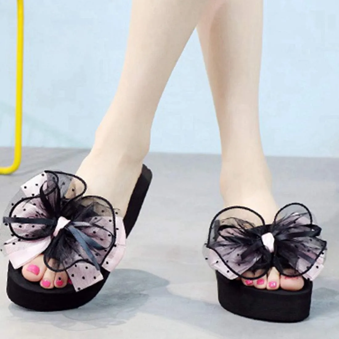 VOKLIN Women's Bohemian Bowknot Wedge High Heel Slide Sandals Summer Comfort Nonslip Platform Beach Sandal