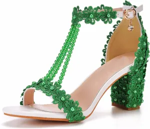 Vujkliy Women's Sandals Pump Round Toe Lace Beaded Square Heel Chunky Heel Sandals Sexy Banquet Wedding 7Cm/2.7In Large Size Sandals
