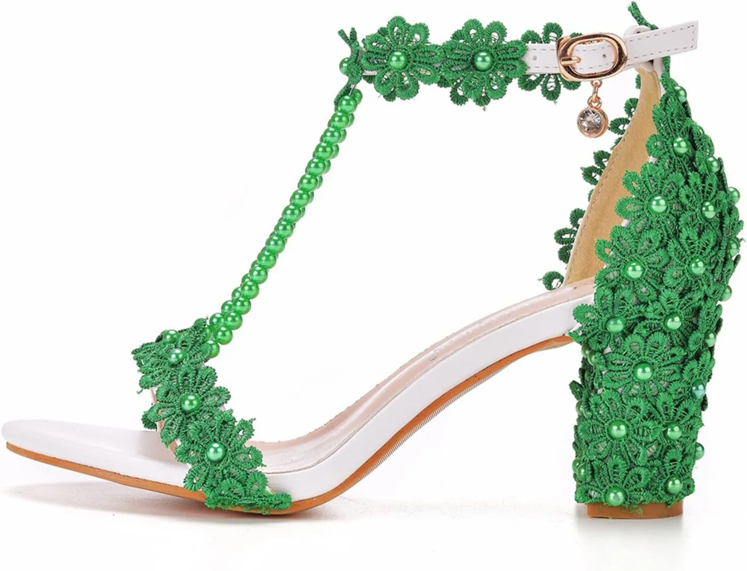 Vujkliy Women's Sandals Pump Round Toe Lace Beaded Square Heel Chunky Heel Sandals Sexy Banquet Wedding 7Cm/2.7In Large Size Sandals
