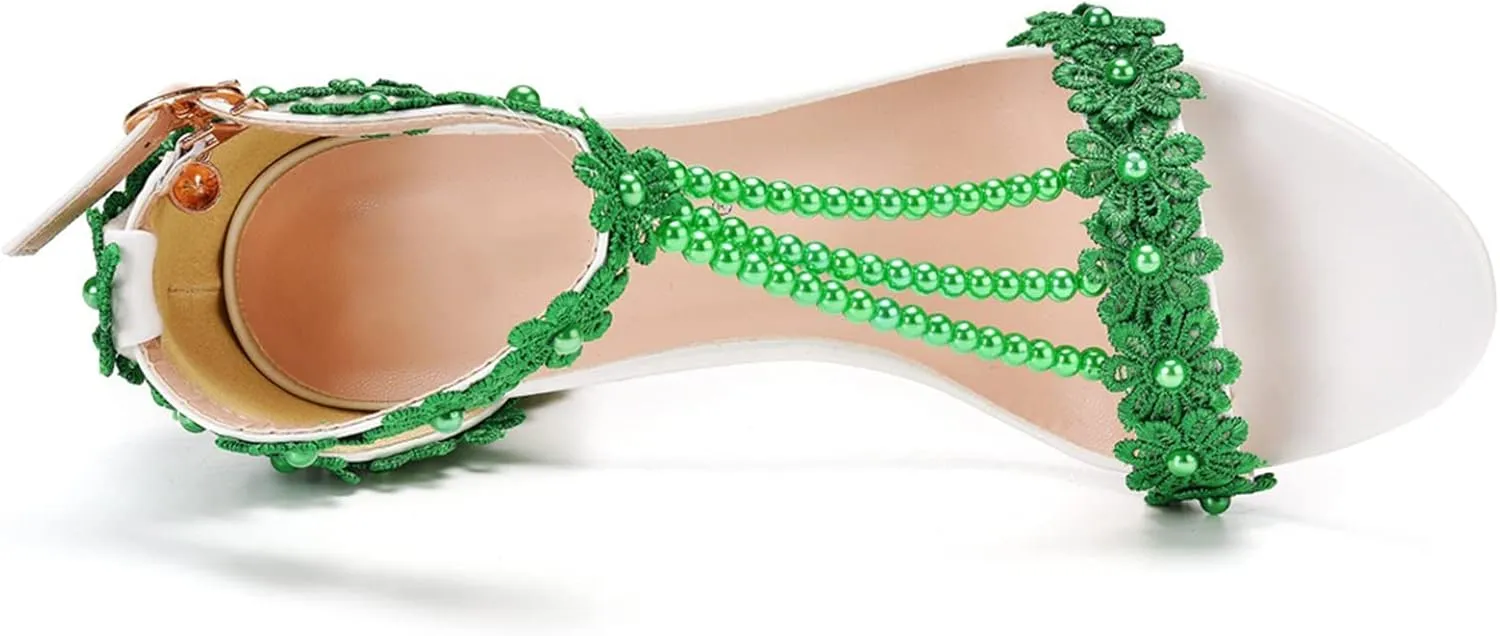 Vujkliy Women's Sandals Pump Round Toe Lace Beaded Square Heel Chunky Heel Sandals Sexy Banquet Wedding 7Cm/2.7In Large Size Sandals