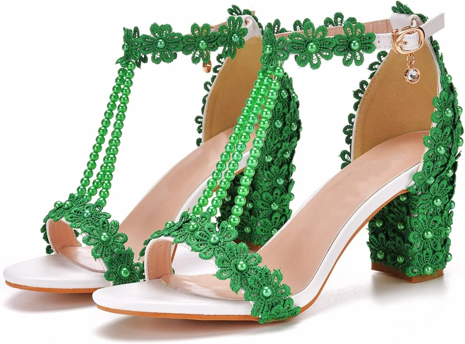 Vujkliy Women's Sandals Pump Round Toe Lace Beaded Square Heel Chunky Heel Sandals Sexy Banquet Wedding 7Cm/2.7In Large Size Sandals