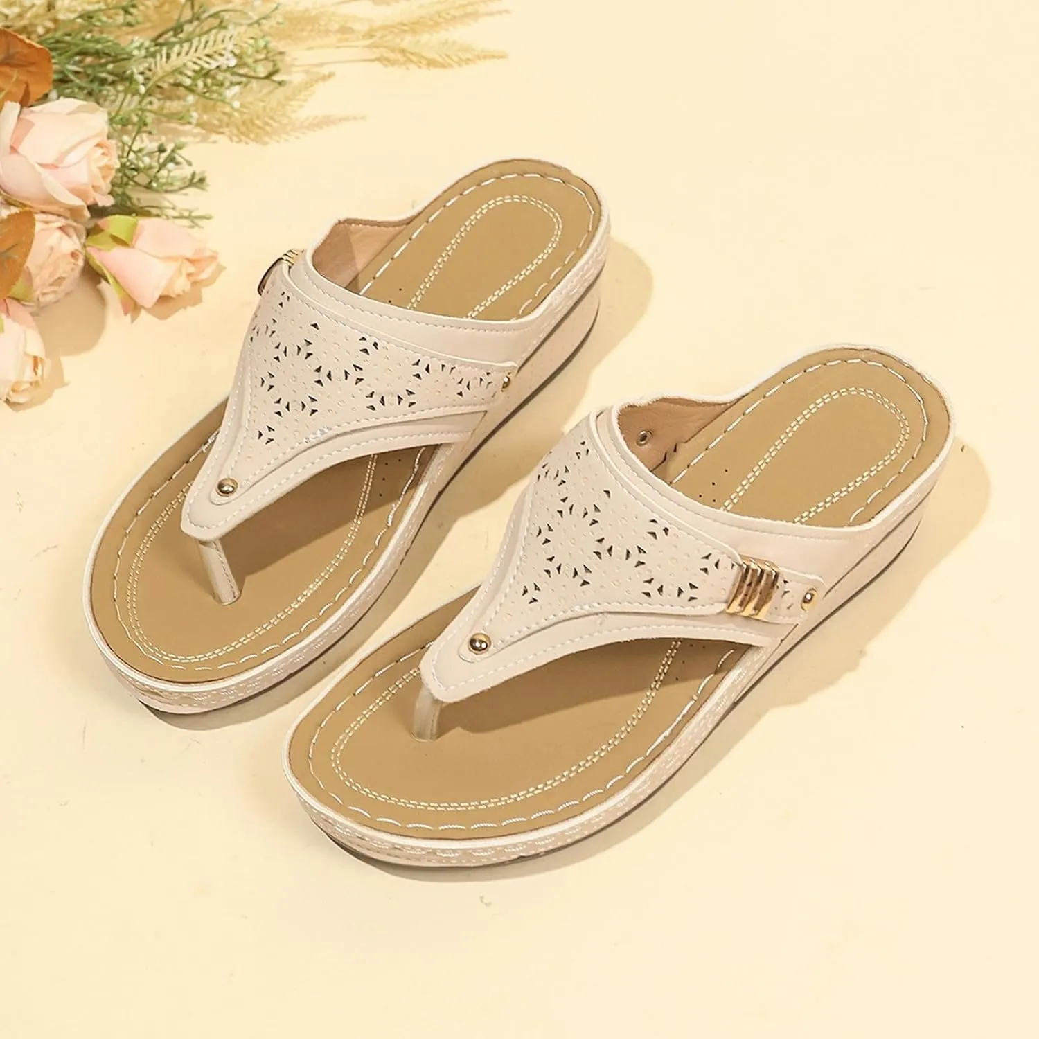 Walking Sandals Women Comfort Arch Support Orthopedic Wedge Sandals Dressy Summer Casual Slip On Flats Flip Flops