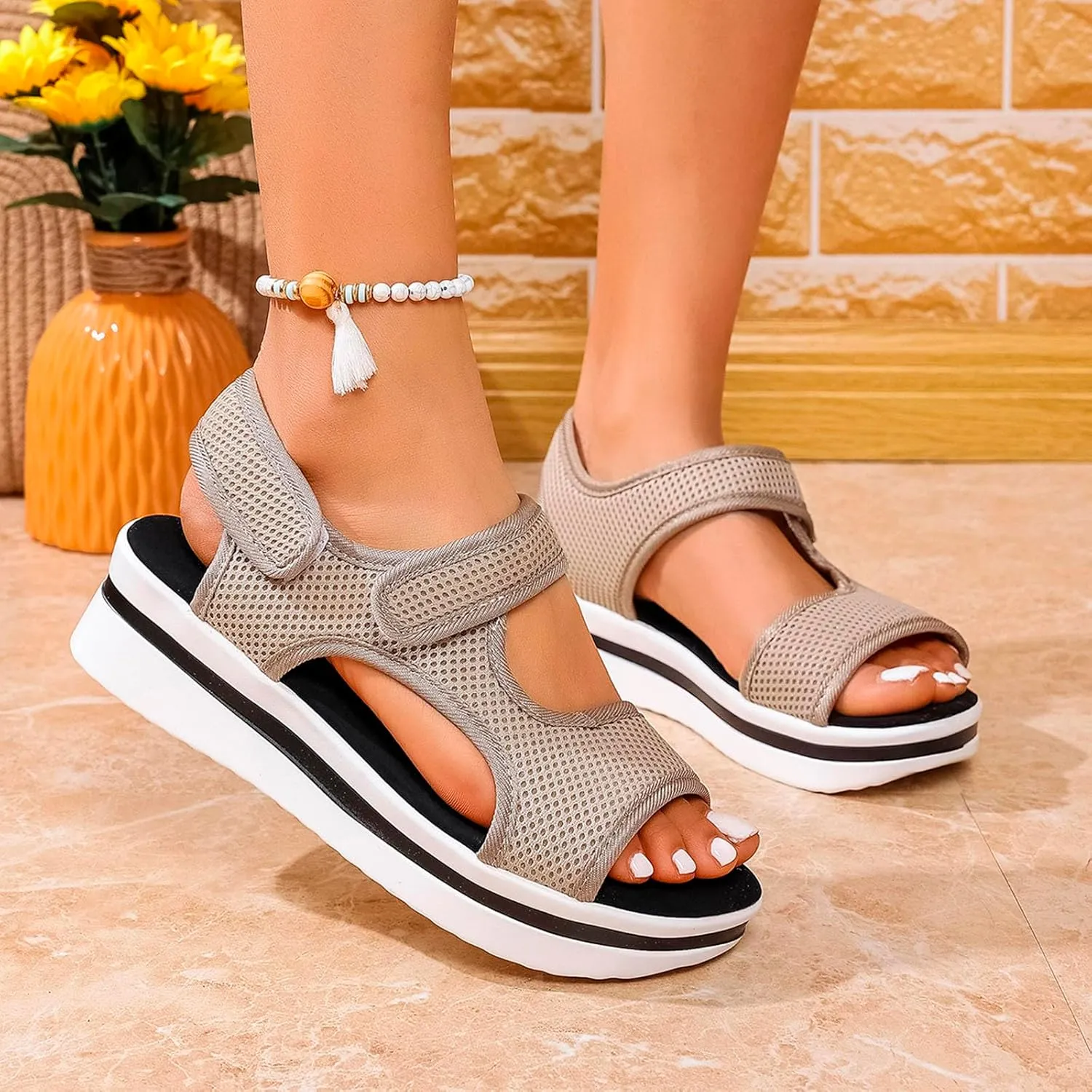 Walking Sandals Women Orthopedic Comfortable Hiking Slip On Platform Sandals Thick Athletic Cushion Adjustable Strap Summer Shoes with Comfortable Plantar Fasciitis Arch Support
