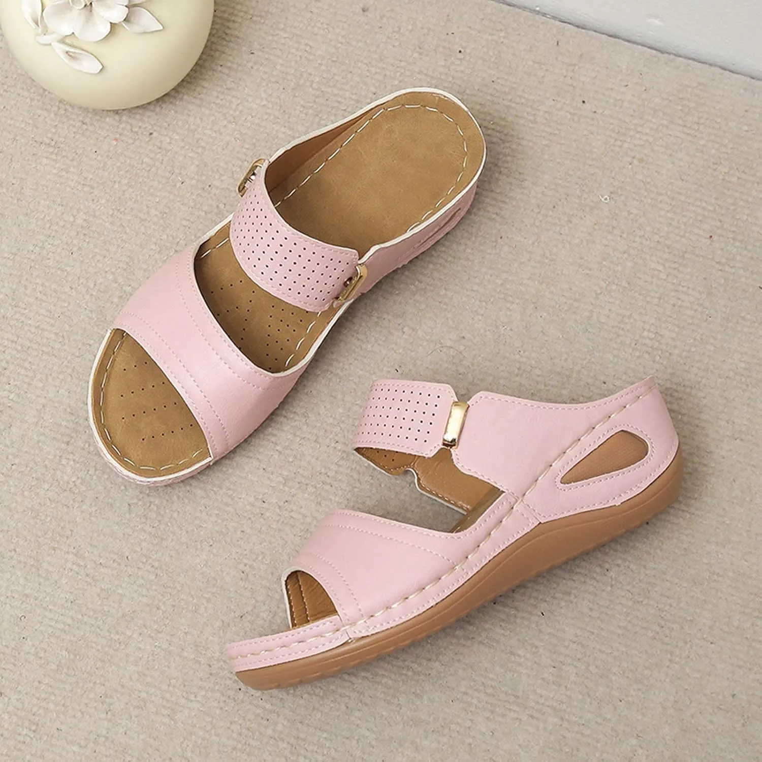 Wedge Sandals for Women Casual Summer Comfortable Fish Mouth Open Toe Double Straps Slip-on Slipper Novelty Trendy Stitched Outdoor Ladies Shoes