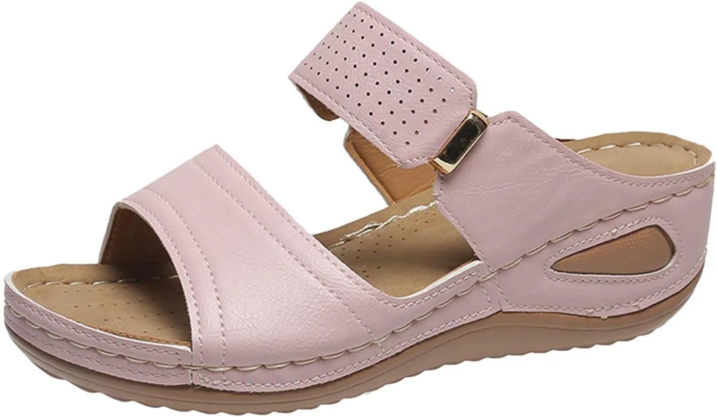Wedge Sandals for Women Casual Summer Comfortable Fish Mouth Open Toe Double Straps Slip-on Slipper Novelty Trendy Stitched Outdoor Ladies Shoes