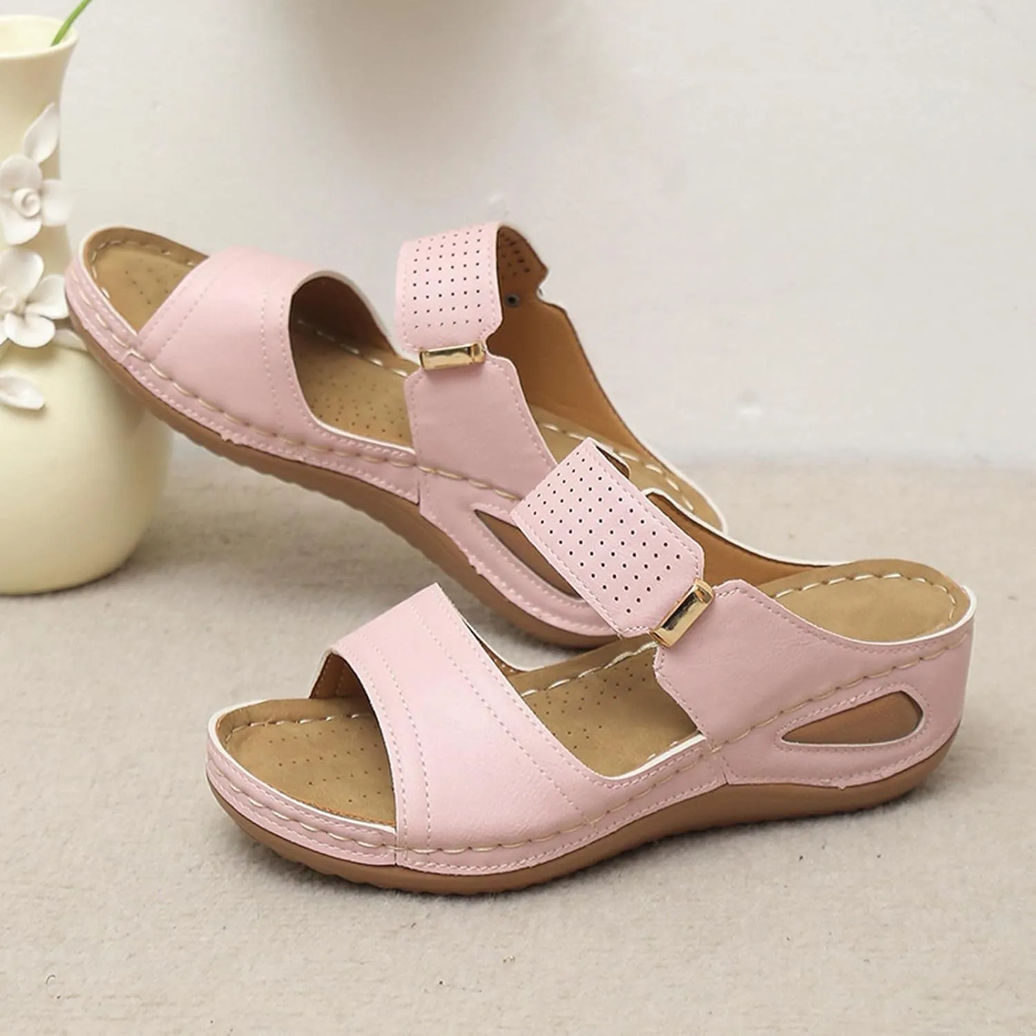 Wedge Sandals for Women Casual Summer Comfortable Fish Mouth Open Toe Double Straps Slip-on Slipper Novelty Trendy Stitched Outdoor Ladies Shoes