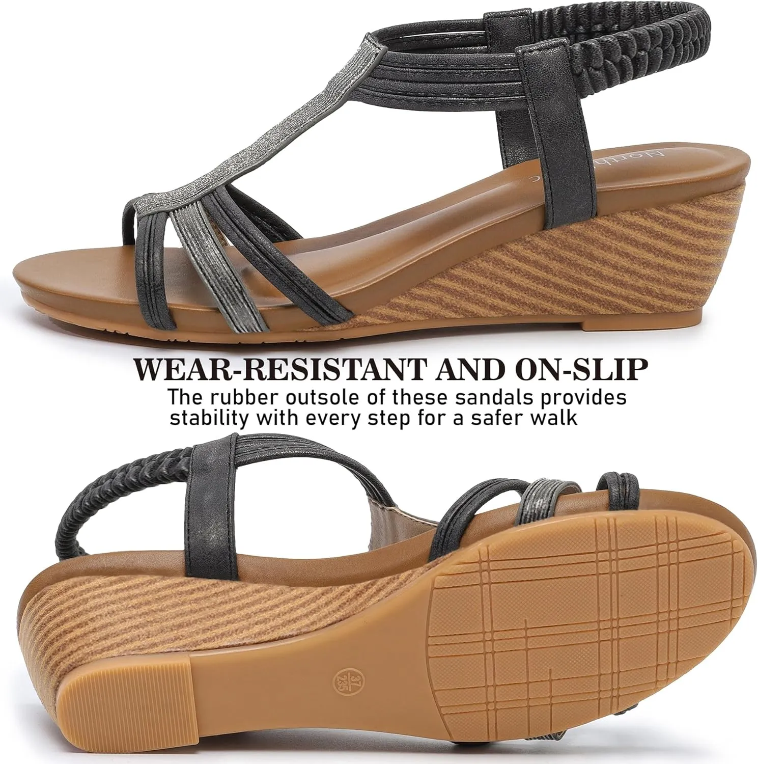 Wedge Sandals for Women Dressy - Comfortable Elastic Ankle Strap Wedges Sandals Open Toe Casual Summer Shoes