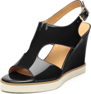 Wedge Sandals for Women,Slingback Open Toe Patent Wedge Heels,Womens Round Toe Slip on Heeled Sandals,Casual Dress Party Shoes 3.3 Inch