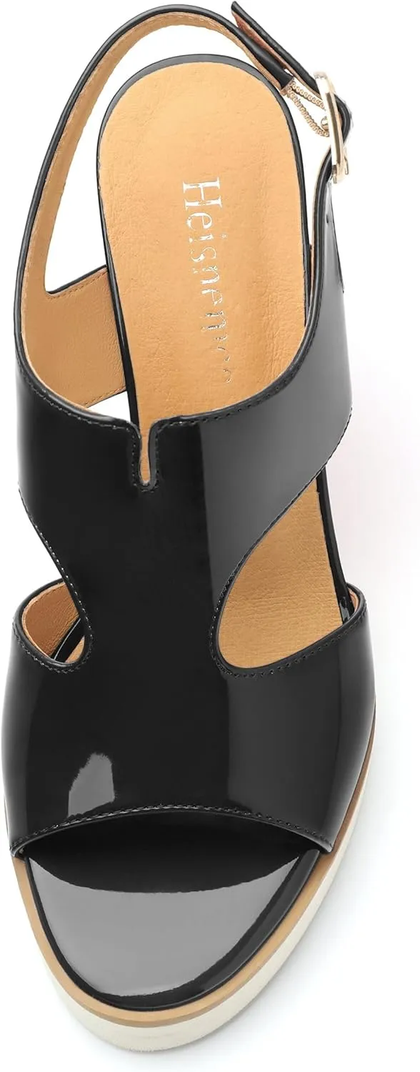 Wedge Sandals for Women,Slingback Open Toe Patent Wedge Heels,Womens Round Toe Slip on Heeled Sandals,Casual Dress Party Shoes 3.3 Inch