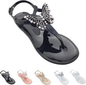 WENOREG Women's Rhinestone Bow Clear Flat Thong Sandals,Summer Fashion T-Strap Adjustable Ankle Buckle Comfortable Slip On Casual Beach Water Proof Jelly Flip Flop Shoes Sandals