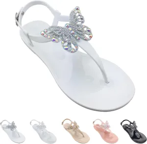 WENOREG Women's Rhinestone Bow Clear Flat Thong Sandals,Summer Fashion T-Strap Adjustable Ankle Buckle Comfortable Slip On Casual Beach Water Proof Jelly Flip Flop Shoes Sandals