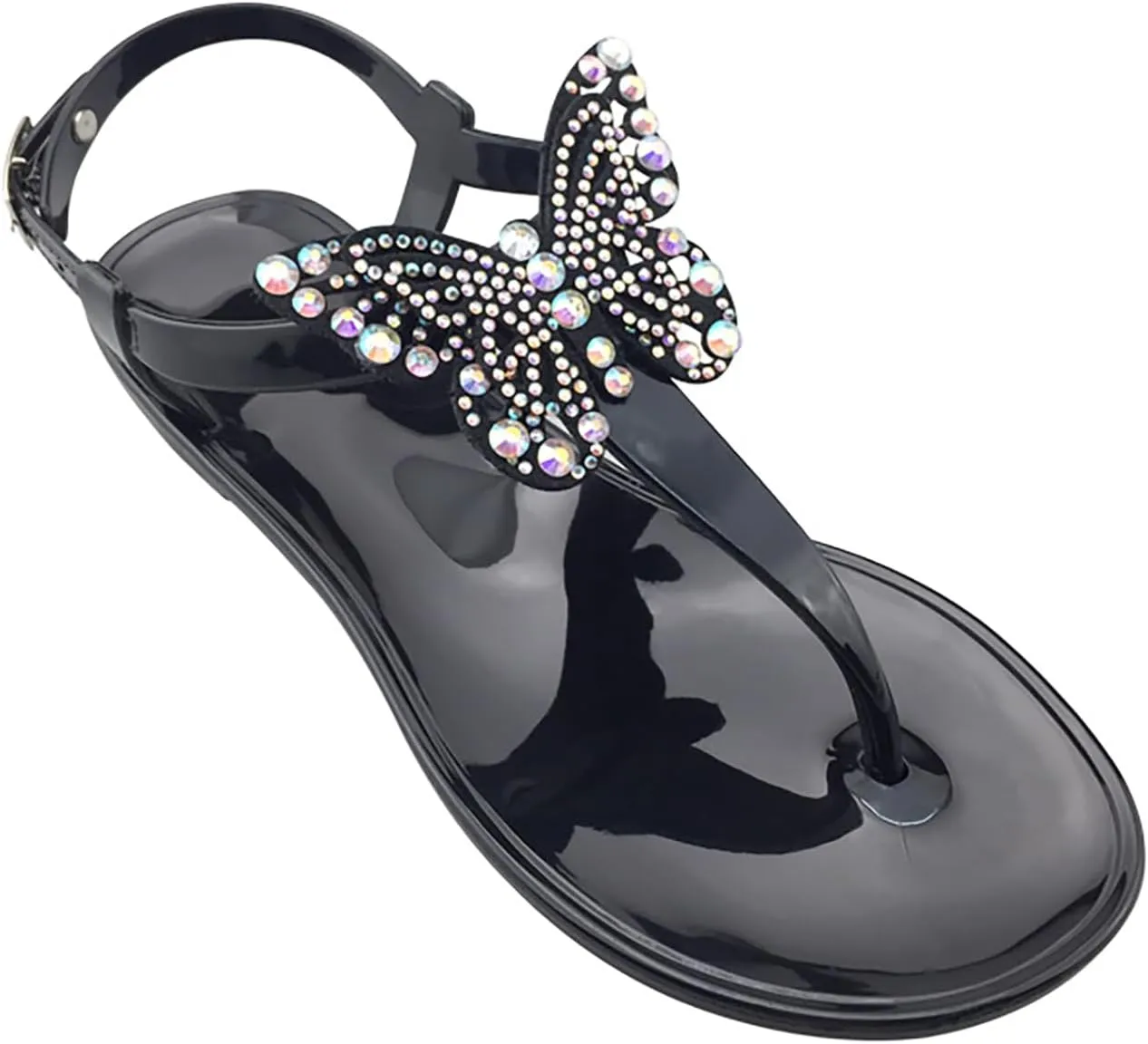 WENOREG Women's Rhinestone Bow Clear Flat Thong Sandals,Summer Fashion T-Strap Adjustable Ankle Buckle Comfortable Slip On Casual Beach Water Proof Jelly Flip Flop Shoes Sandals