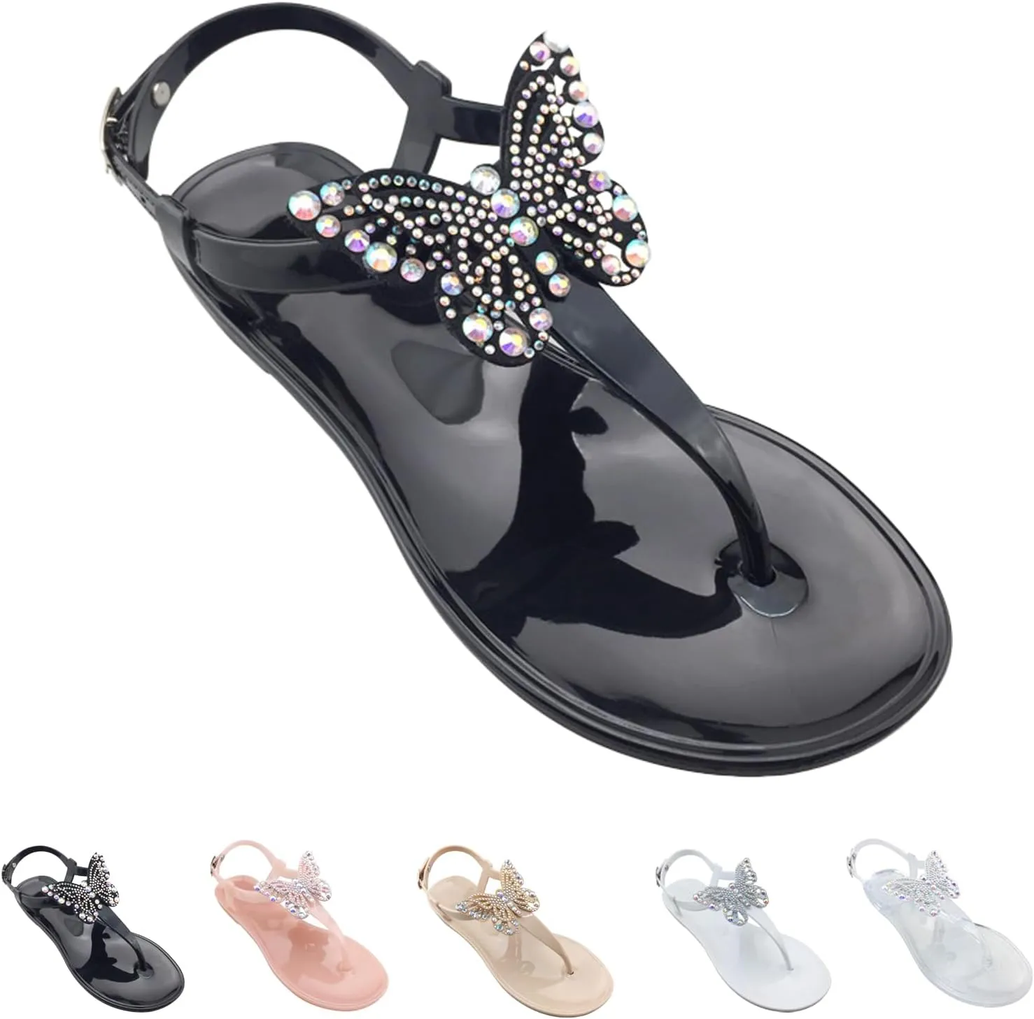 WENOREG Women's Rhinestone Bow Clear Flat Thong Sandals,Summer Fashion T-Strap Adjustable Ankle Buckle Comfortable Slip On Casual Beach Water Proof Jelly Flip Flop Shoes Sandals