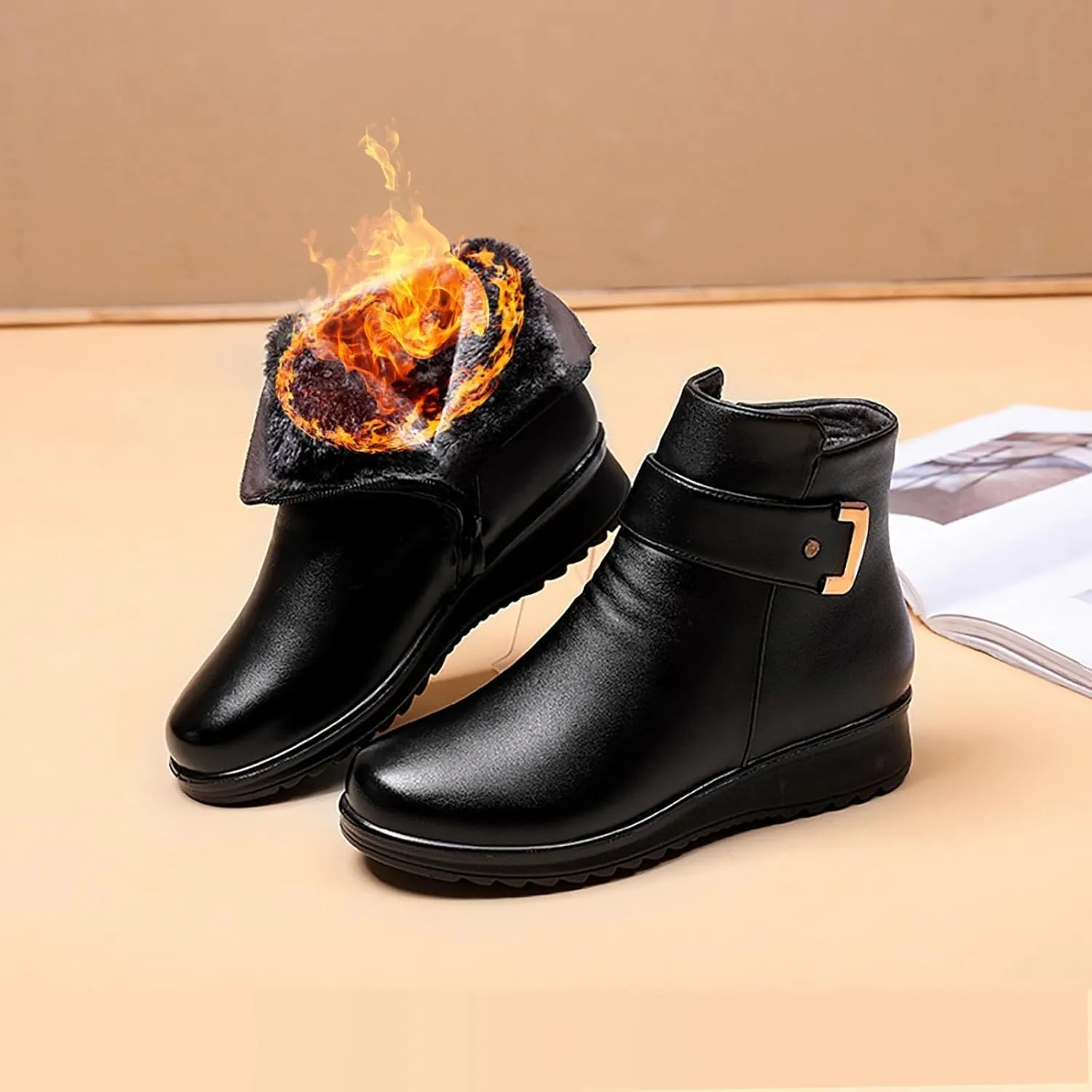 Women Ankle Boots Women Booties Ankle Womans Booties Low Cut Boots for Women Black Leather Ankle Boots for Women Chunky Heel Booties To Wear with Dresses Narrow Ankle