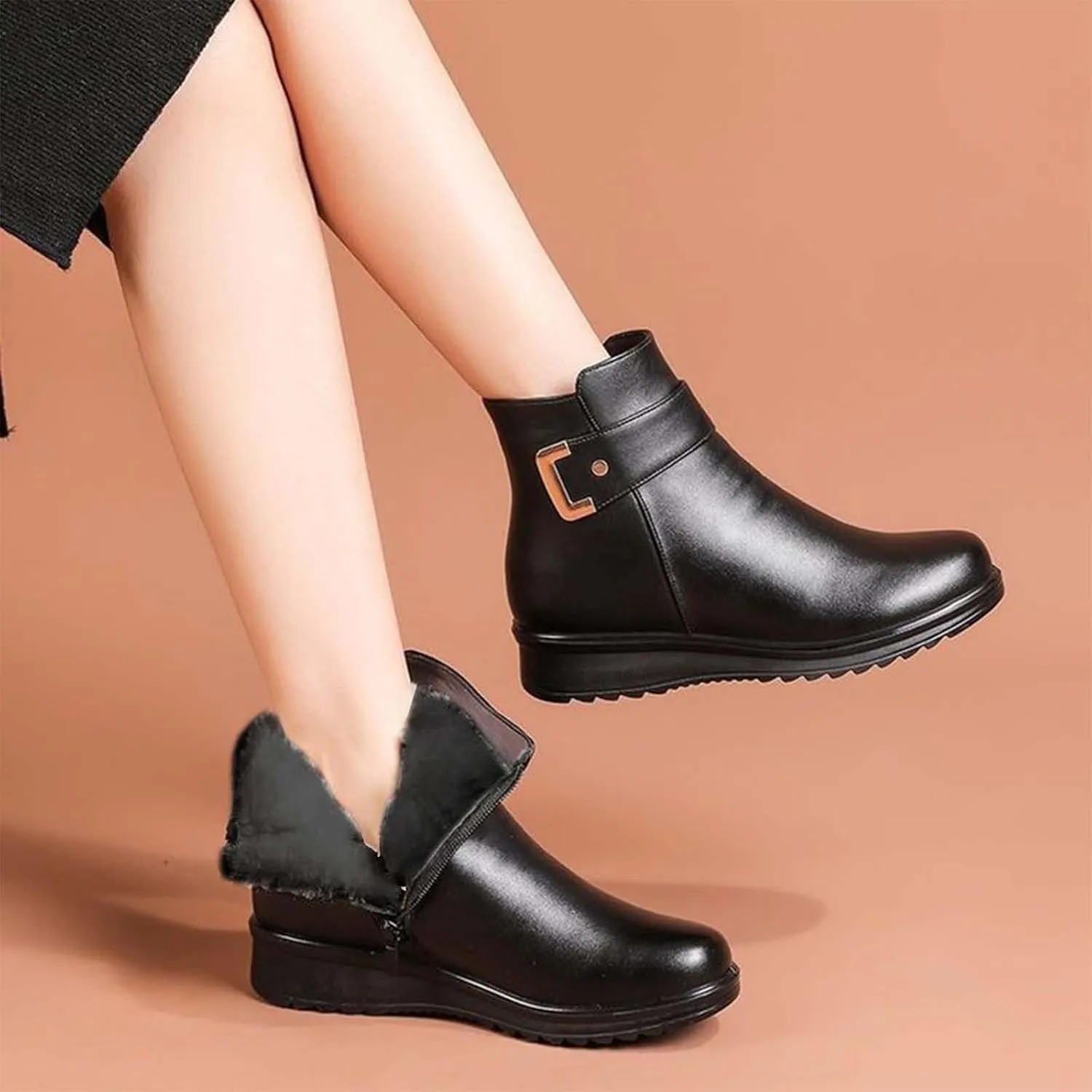 Women Ankle Boots Women Booties Ankle Womans Booties Low Cut Boots for Women Black Leather Ankle Boots for Women Chunky Heel Booties To Wear with Dresses Narrow Ankle