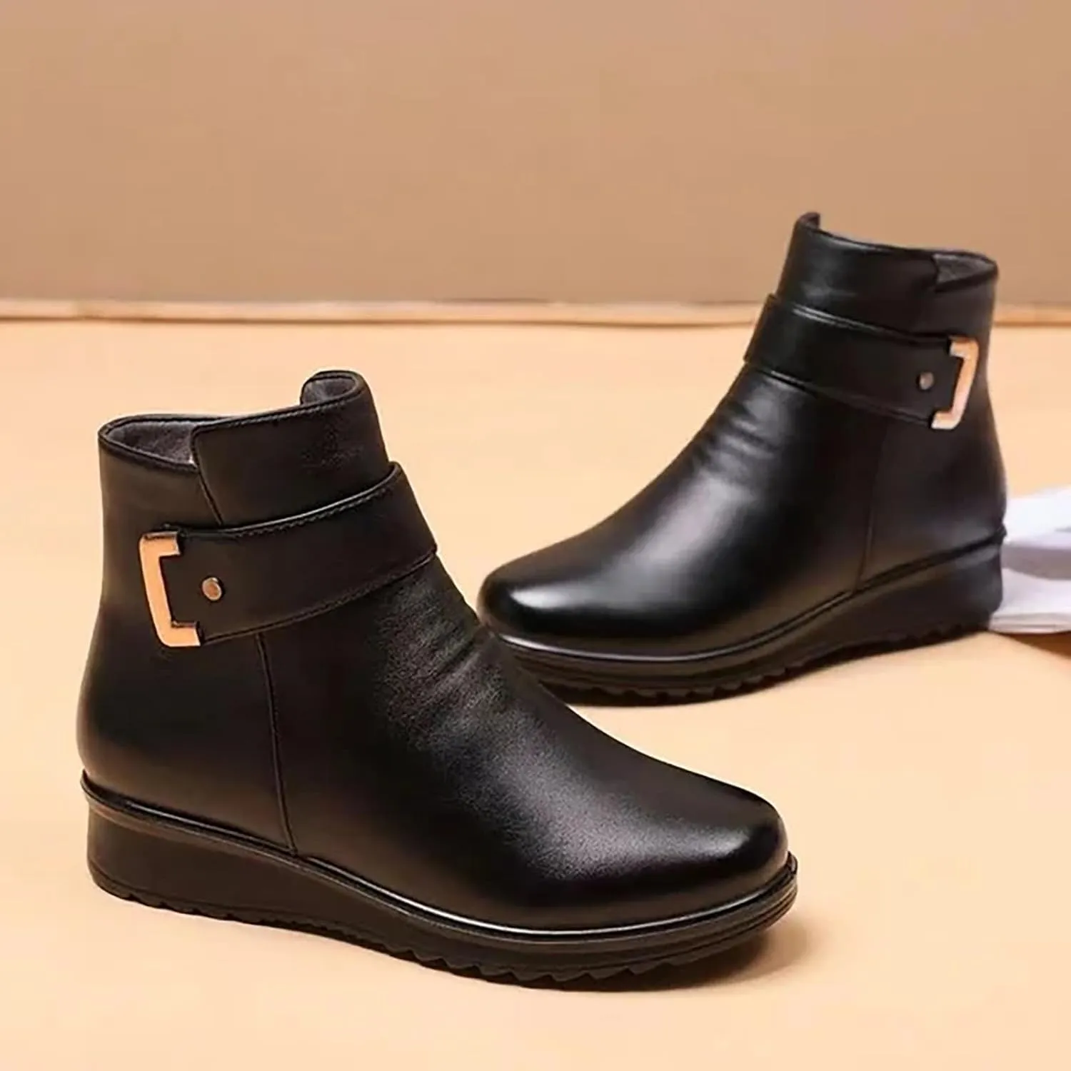 Women Ankle Boots Women Booties Ankle Womans Booties Low Cut Boots for Women Black Leather Ankle Boots for Women Chunky Heel Booties To Wear with Dresses Narrow Ankle