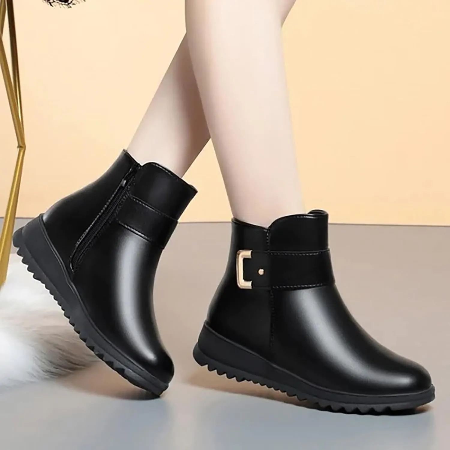 Women Ankle Boots Women Booties Ankle Womans Booties Low Cut Boots for Women Black Leather Ankle Boots for Women Chunky Heel Booties To Wear with Dresses Narrow Ankle