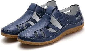 Women Boho Gladiator Sandal Closed Toe Ankle Strap Hollow Out Slip On Flats Sandal with Hook Loop Summer Comfort Orthotic Softsole Shoes Comfortable Lightweight Breathable Walking Footwear