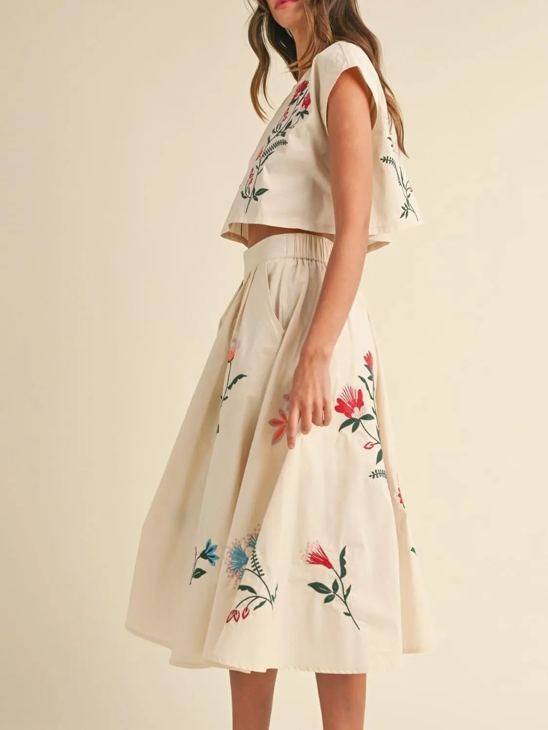 Women Floral Embroidery Dress Sleeveless 2 Piece Tank Top and Skirt Loose Fit Boho Dress