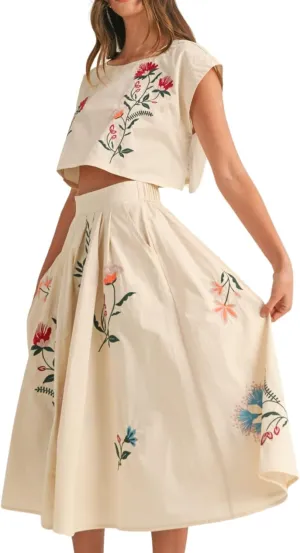 Women Floral Embroidery Dress Sleeveless 2 Piece Tank Top and Skirt Loose Fit Boho Dress