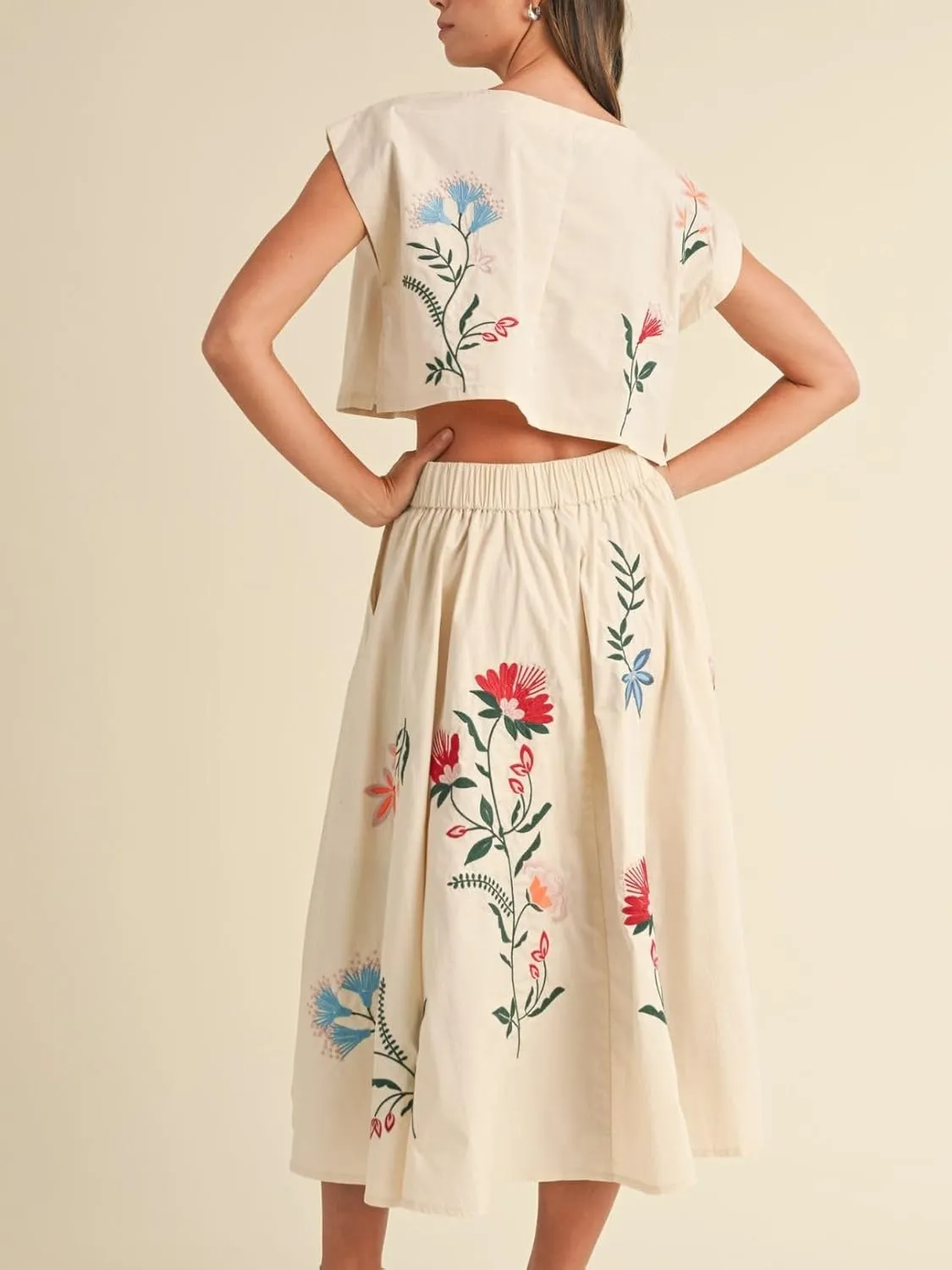 Women Floral Embroidery Dress Sleeveless 2 Piece Tank Top and Skirt Loose Fit Boho Dress