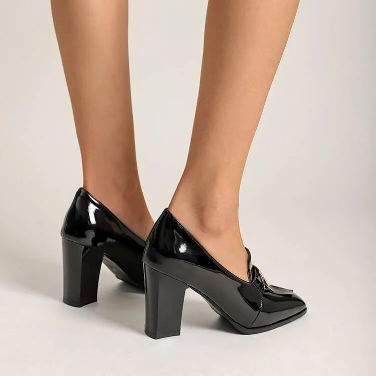 Women Pumps Loafers Shoes Glossy Patent Square Toe High Block Heels
