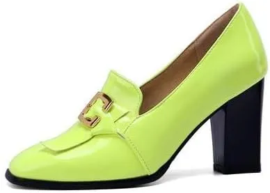 Women Pumps Loafers Shoes Glossy Patent Square Toe High Block Heels