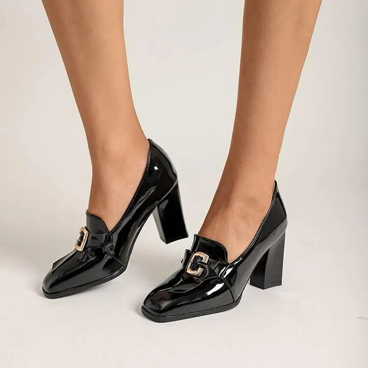 Women Pumps Loafers Shoes Glossy Patent Square Toe High Block Heels